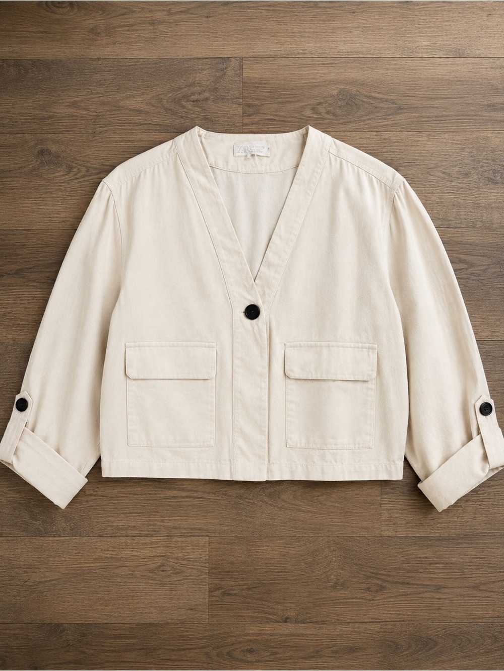 Zara Linen Blend Cream Beige Blazer Jacket Roll Tab Sleeves Size S